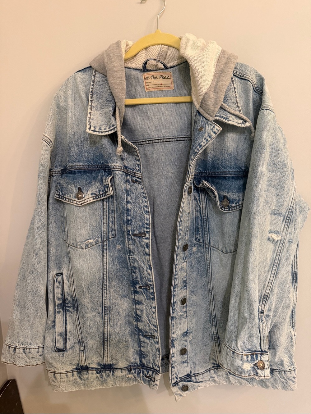 We The Free Light Wash Denim Jacket with Gray Hood
